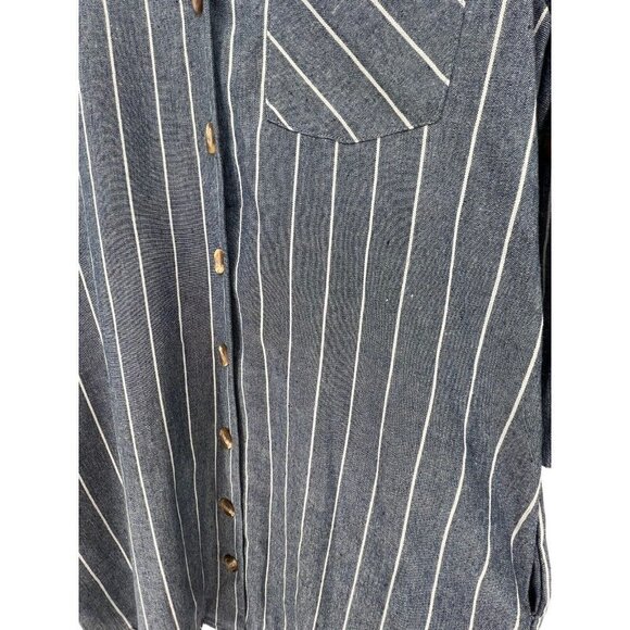 Entro Button Front Sheath Dress Size M Blue White Striped Chambray Roll Tab - Picture 3 of 16